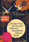 Junge Frau, am Fenster stehend, Abendlicht, blaues Kleid